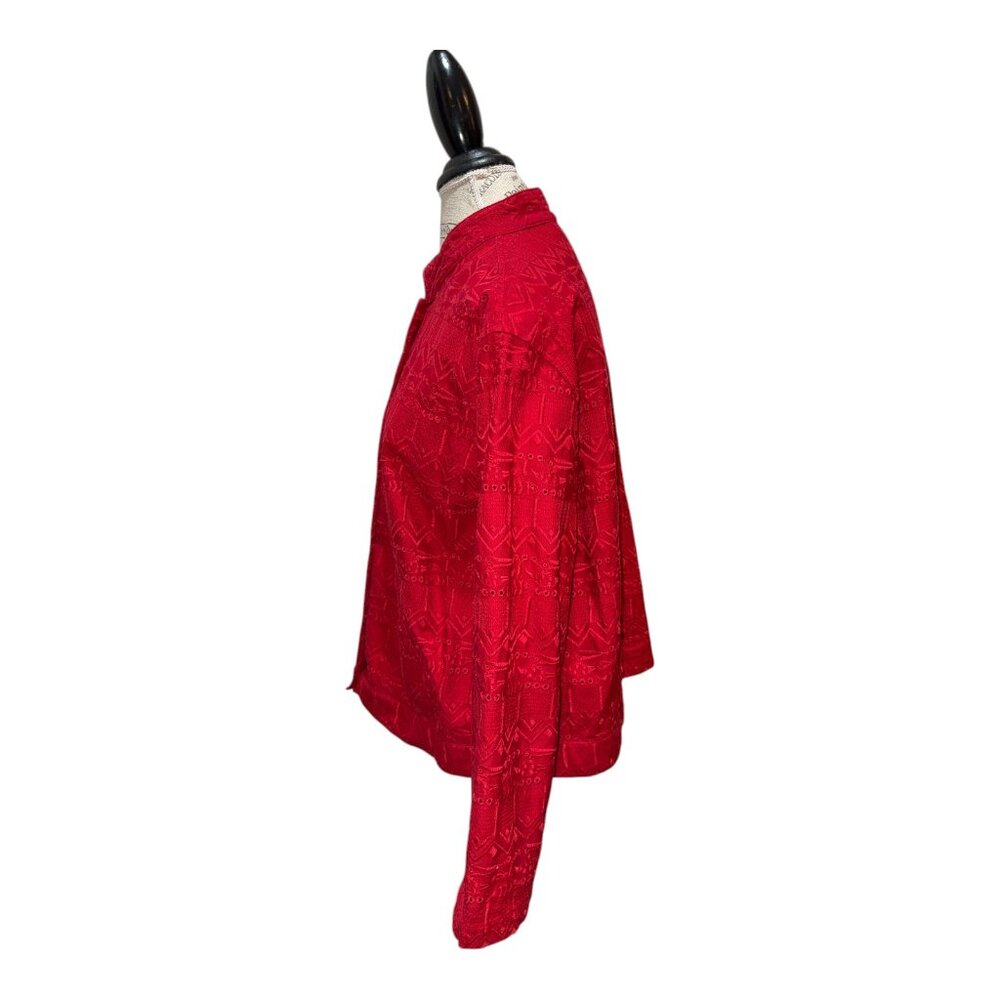 Chico's Design Sz 3 (XL) Red Embroidered 6-Button Long Sleeve Jacket w Islets - Picture 4 of 10